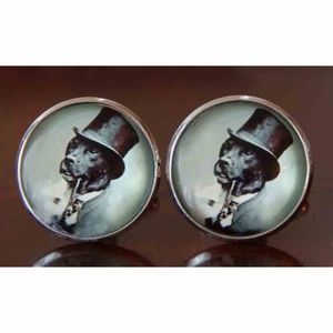Dog in Top Hat Cufflinks Handmade Silver Black Gray Men's